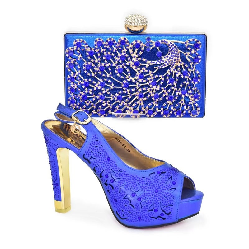 حفل مع صنادل مرنة ذات كعب عالٍ ورأس دائري على شكل فم سمكة مع حقيبة يد مرصعة بالألماس - Image 2